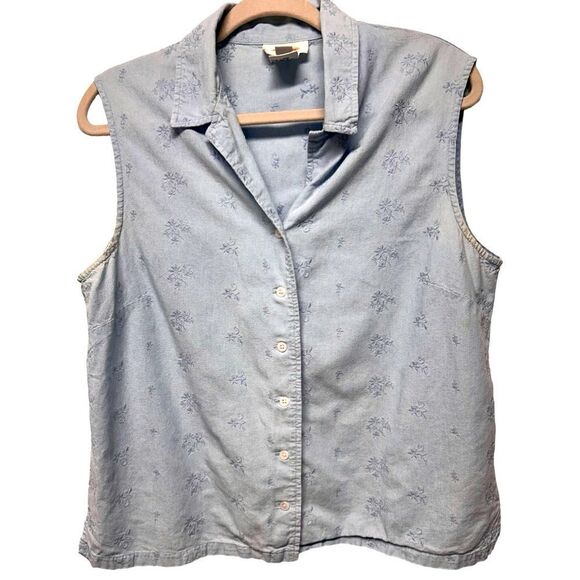 Vintage Talbots Light Blue Sleeveless Top Button Down Blouse Tank Top Flowers - Picture 1 of 11